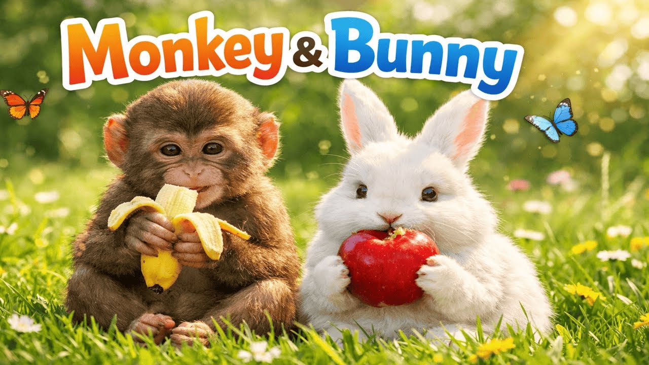 30 Minute |  Monkey & Bunny Eating Fruits Together | Cutest Animal Friends Ever!