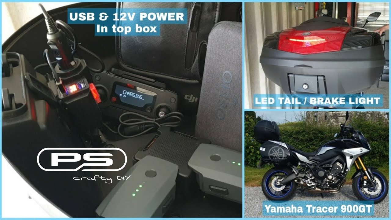 Install 12V socket with USB  and LED tail/brake light into motorcycle top box. Yamaha Tracer 900GT