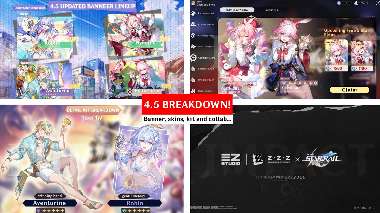 NEW UPDATE! COMPLETE 4.5 BREAKDOWN! BANNER, FREE SKINS, KIT AND COLLAB WITH ZZZ | Honkai Star rail