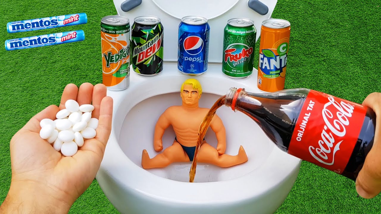 Experiment !! Stretch Armstrong VS Cola, Mtn Dew, Fruko, Pepsi, Fanta, Yedig&uuml;n and Mentos in Toilet