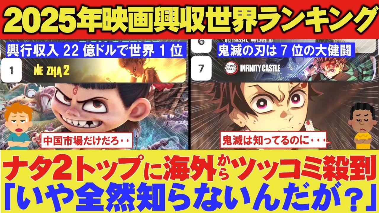 「ナタ2が世界1位！？全然知らないんだが？」2025年映画の世界興行ランキングに世界が驚愕！アニメ鬼滅の刃無限城編は7位！【海外の反応】
