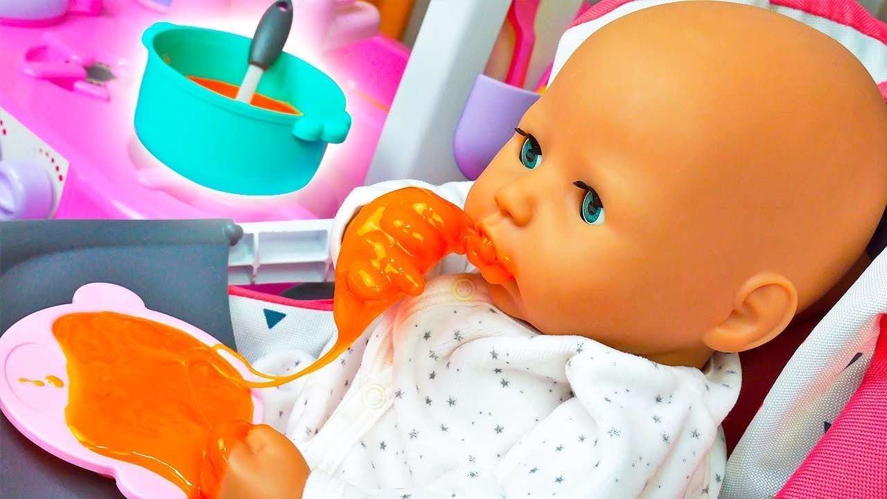 Pretend to play cooking toy food for Baby Annabell doll. Baby Reborn doll stories for kids.