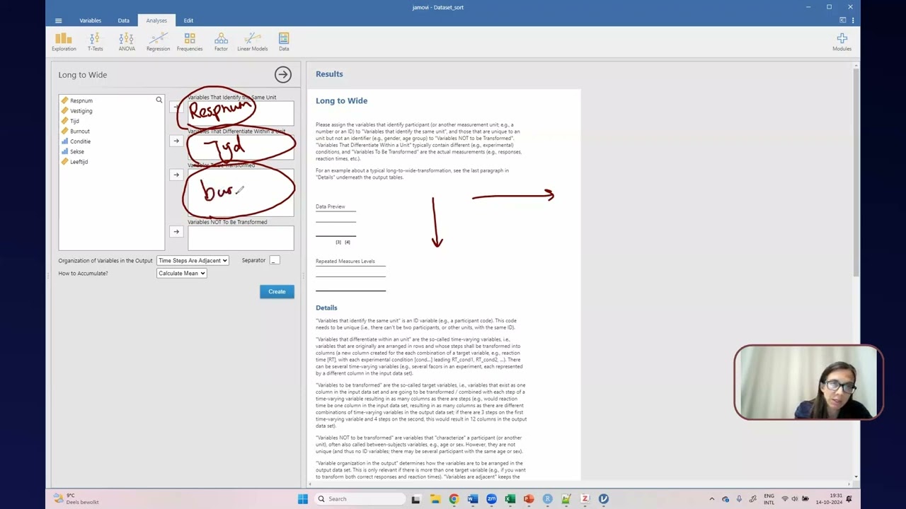 Sorteren en omzetten van lang naar breed met jTransform in jamovi
