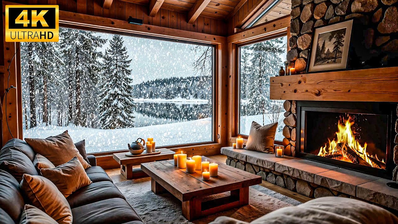 Rustic Winter Cabin ❄️ | Cozy Fireplace Ambience with Snowfall in 4K