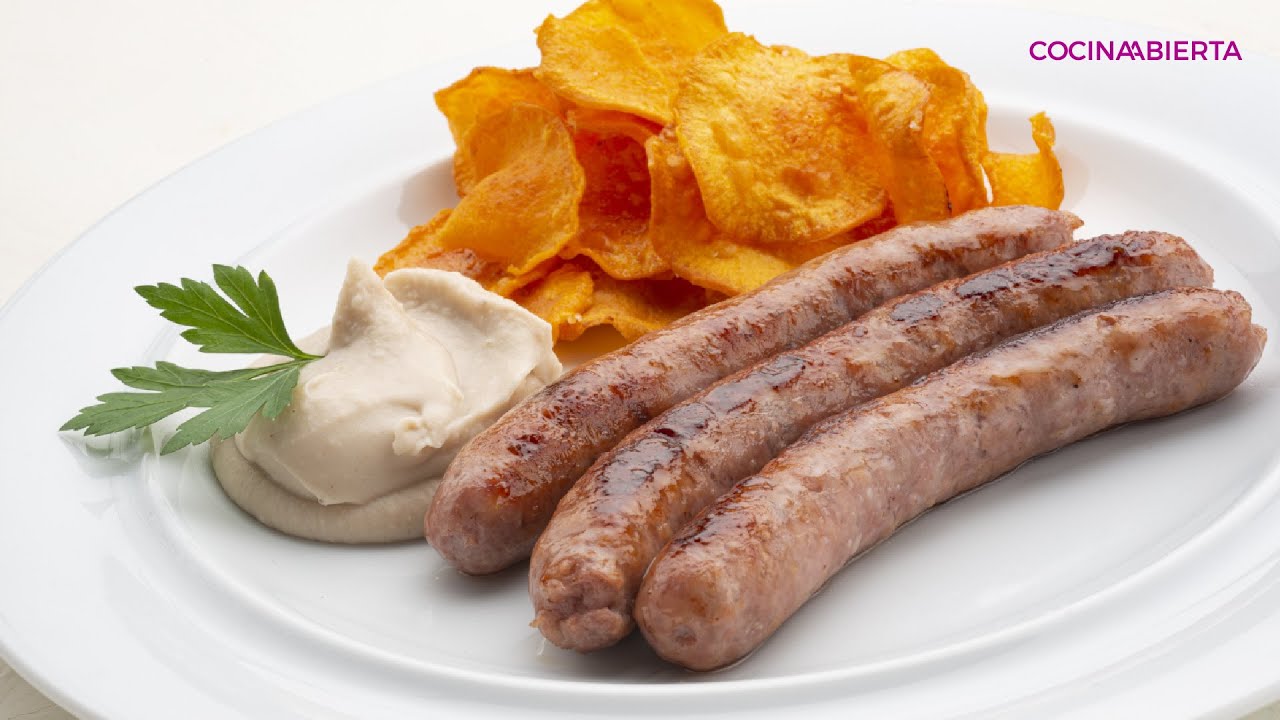 Salchichas con pure de castaña y chips de boniato con Arguiñano