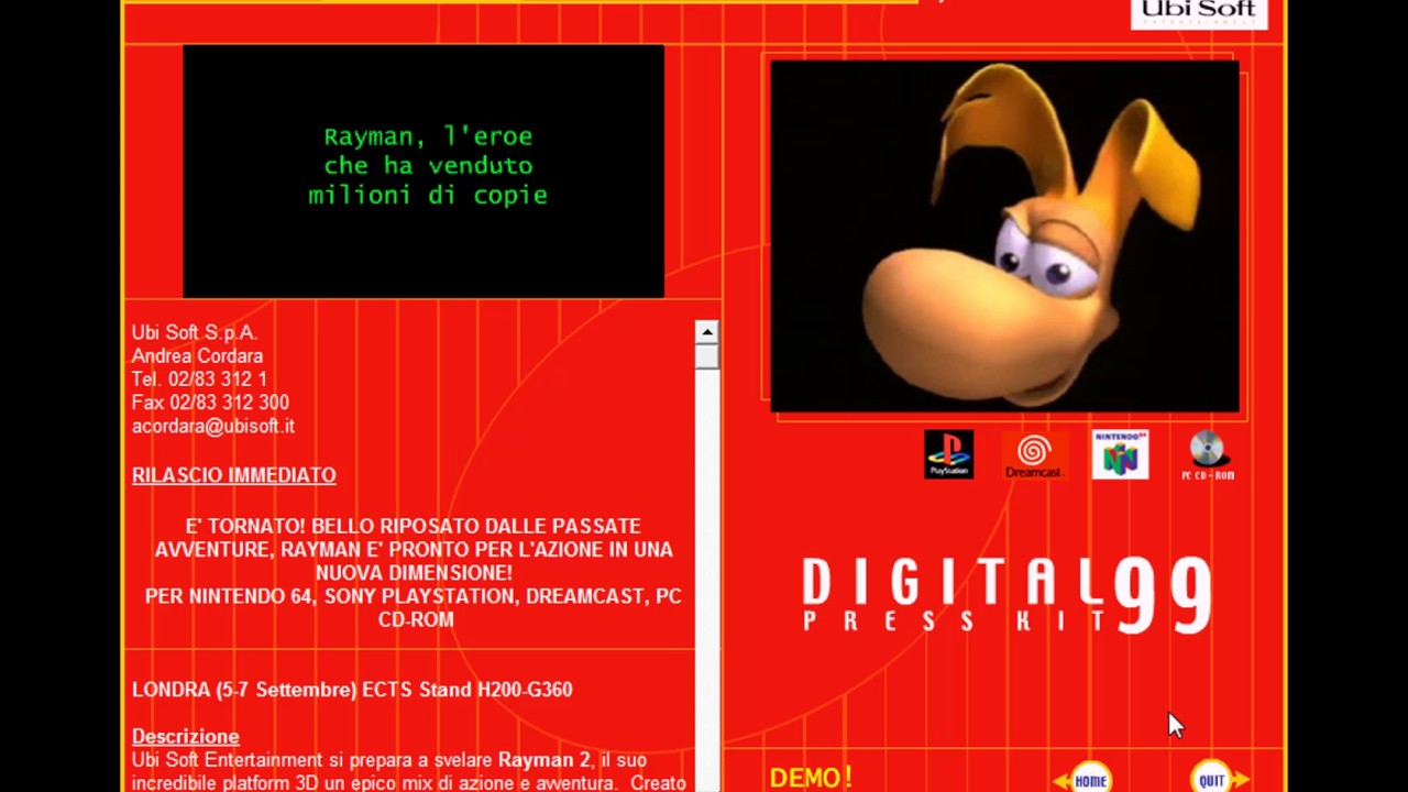 UbiSoft Digital Presskit 1999 - Rayman 2: TGE and Rayman (GBC) special content (Italian)