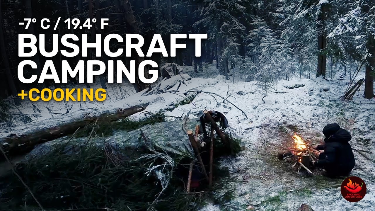 Winter BBQ-Cooking and Bushcraft Survival Shelter!