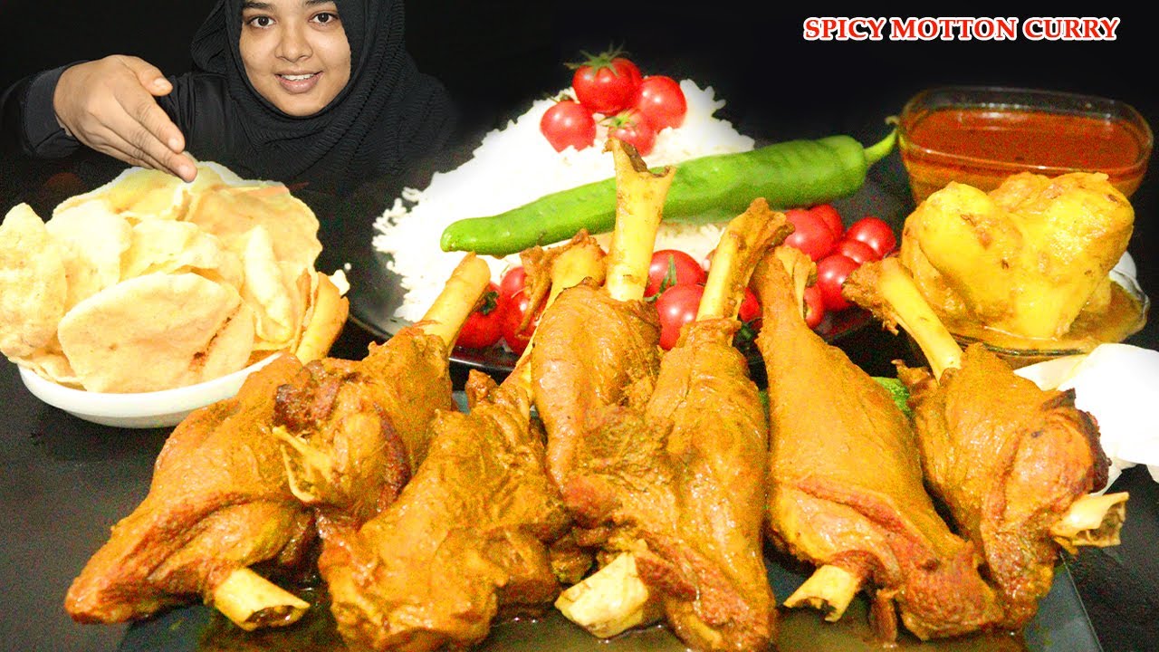 HUGE SPICY MUTTON LEG PIECE CURRY WITH BASMATI RICE | SWEET PEPPER,POTATO CURRY,PAPAD,CHERRY TOMATO