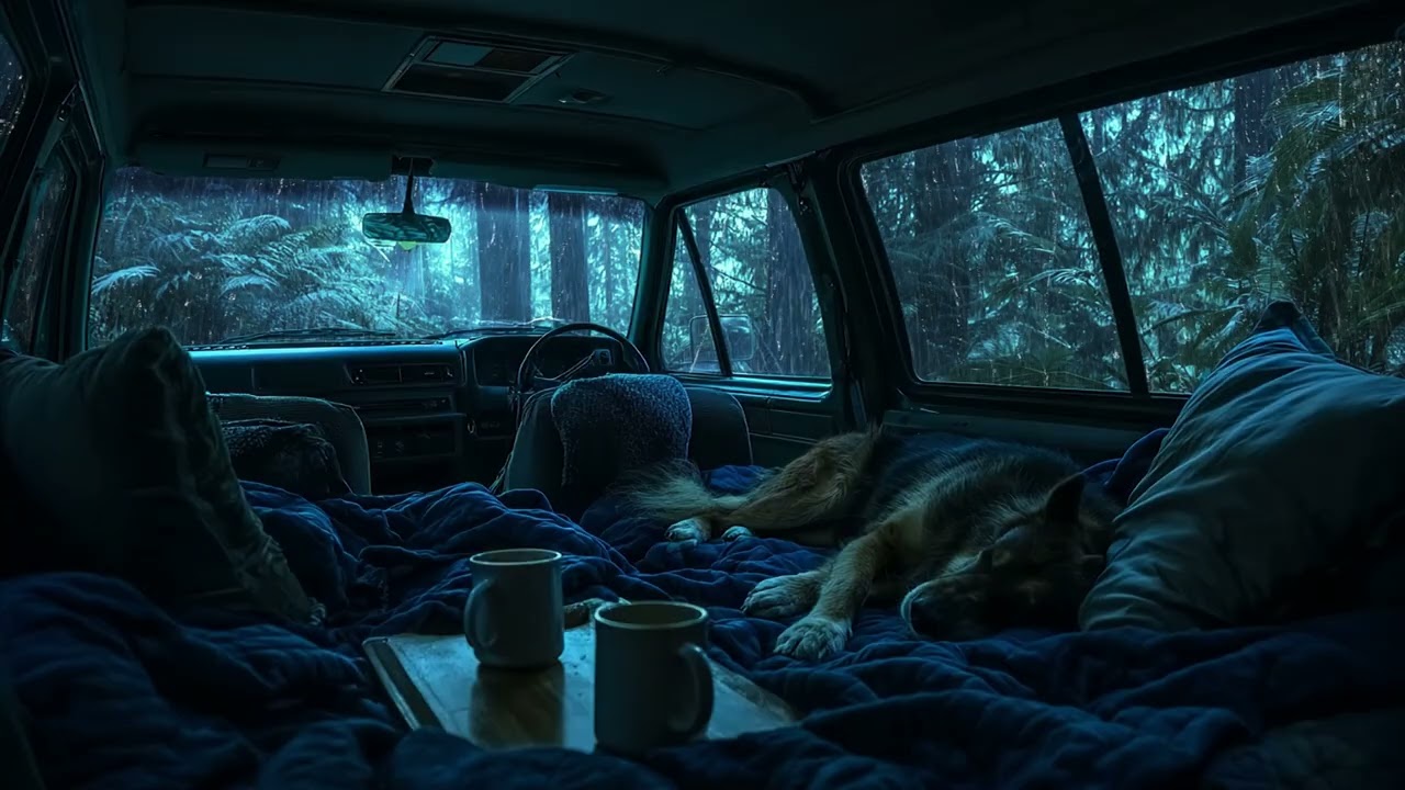 Heavy Rain on the Car Roof 🌧️ Thunder and Lightning ASMR & Sleeping with a Golden Retriever 🐕