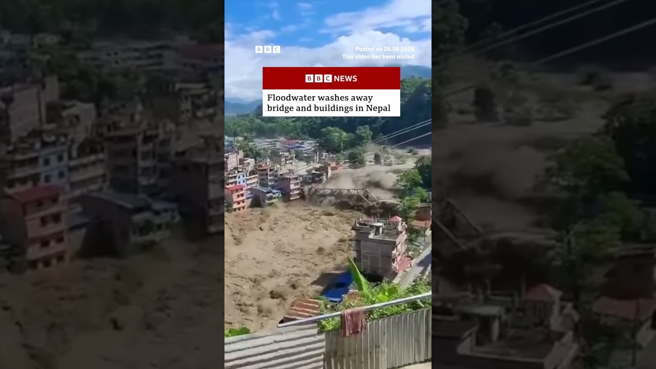 Bridge and buildings washed away in deadly mudslide and floodwater in Nepal. #Nepal #Tibet #BBCNews