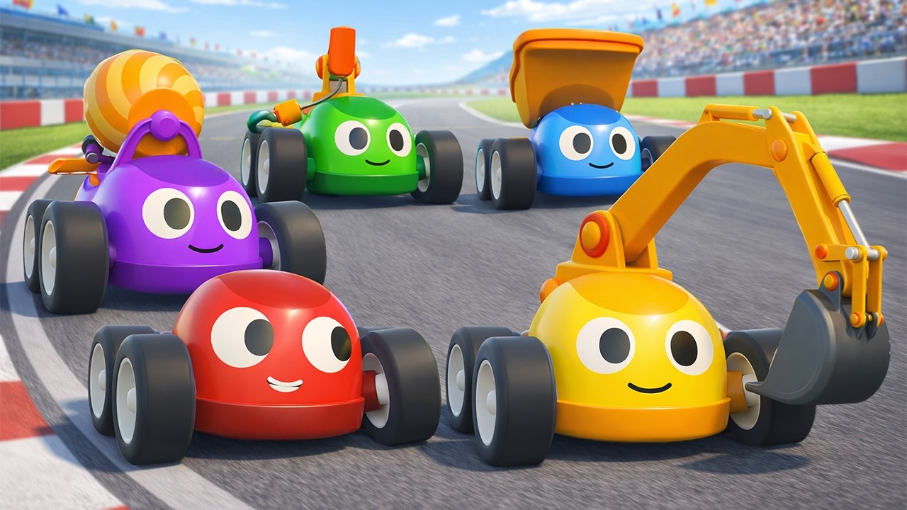 The racing cars transform into a concrete mixer, an excavator, a crane truck, and a dump truck.
