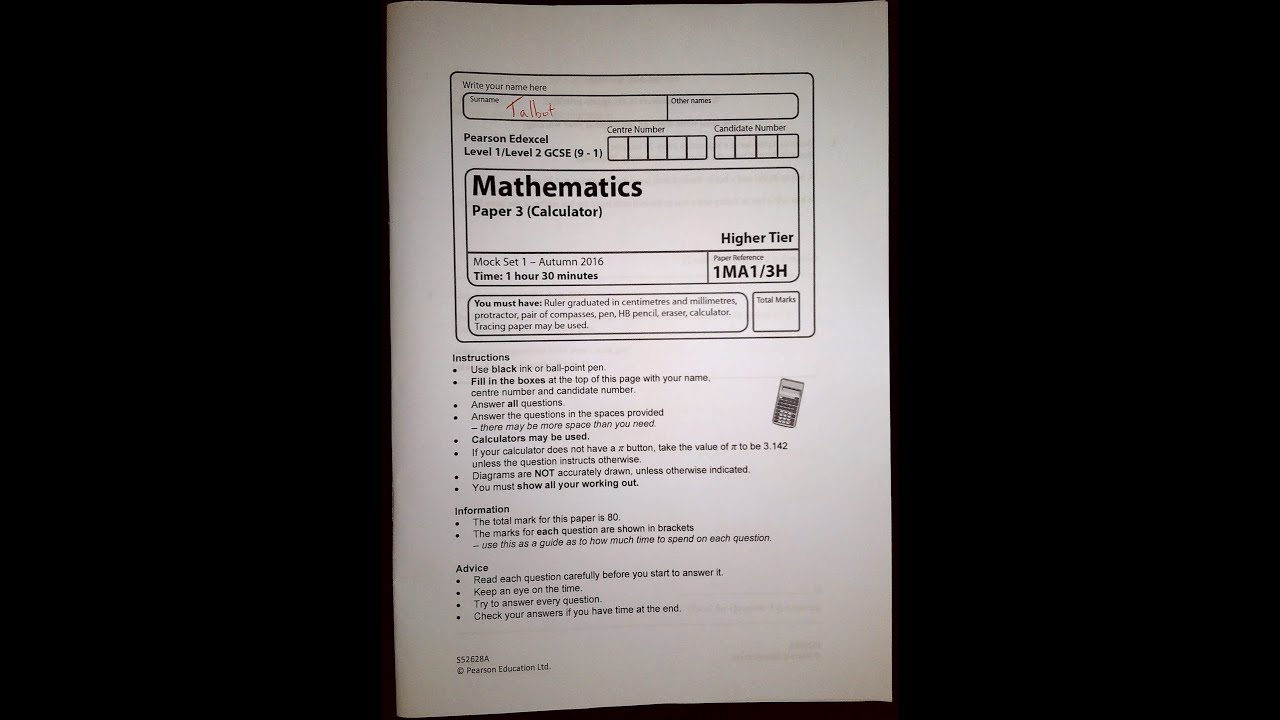 Edexcel Mock set 1 (2016) paper 3 higher