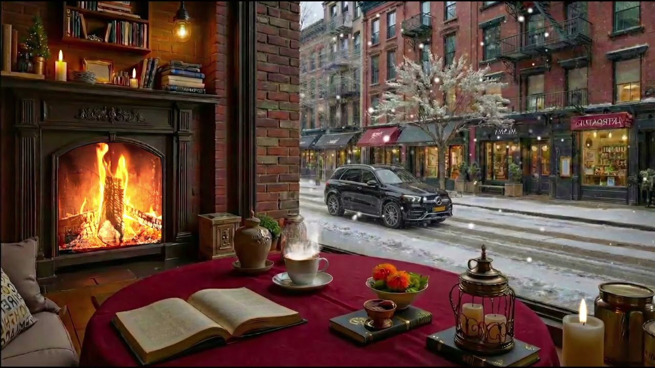 Cozy Coffee Shop on a Winter Day ❄️ Deep Focus, Jazz Piano, & Fireplace Sounds