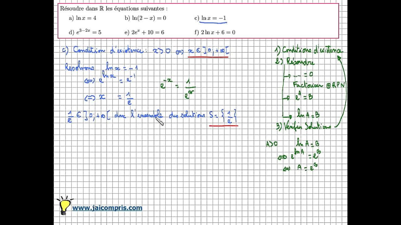 Fonction logarithme népérien : équation avec des exponentielles ou des logarithmes - exercice facile