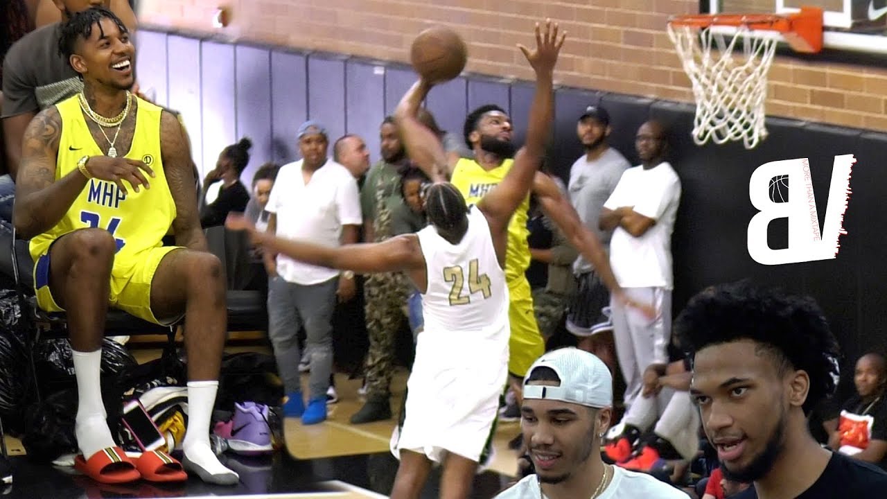 Nick Young Subs In Wearing CHAINS & FLIP FLOPS! NASTY Drew League Dunk w/ Tatum & Bagley Watching!