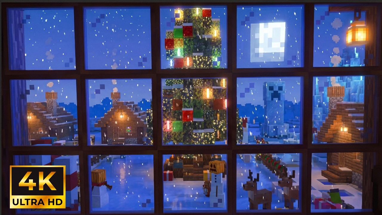 Minecraft Snowy Window View 🌨️ Official Minecraft Music Ambience | Cozy Winter Village