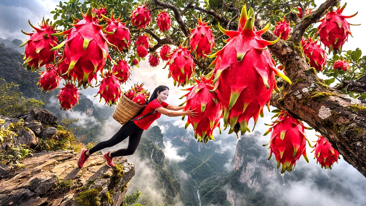 Harvesting 1000+ Gaint Dragon Fruits on Dangerous High Cliff GoTo Market Sell, Making Papaya Salad