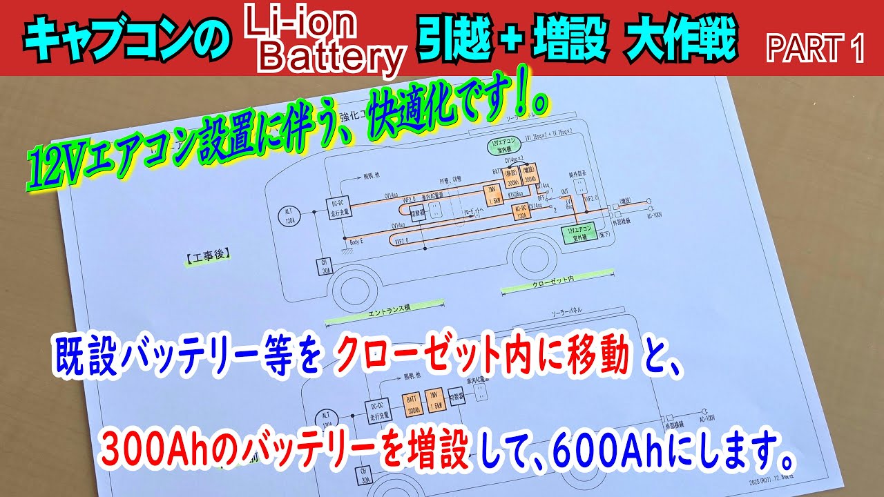 Part 1、12Vエアコン設置に伴う快適化で、既設バッテリー等をクローゼット内に移設と、300Ahのバッテリーを増設して、600Ahにします。