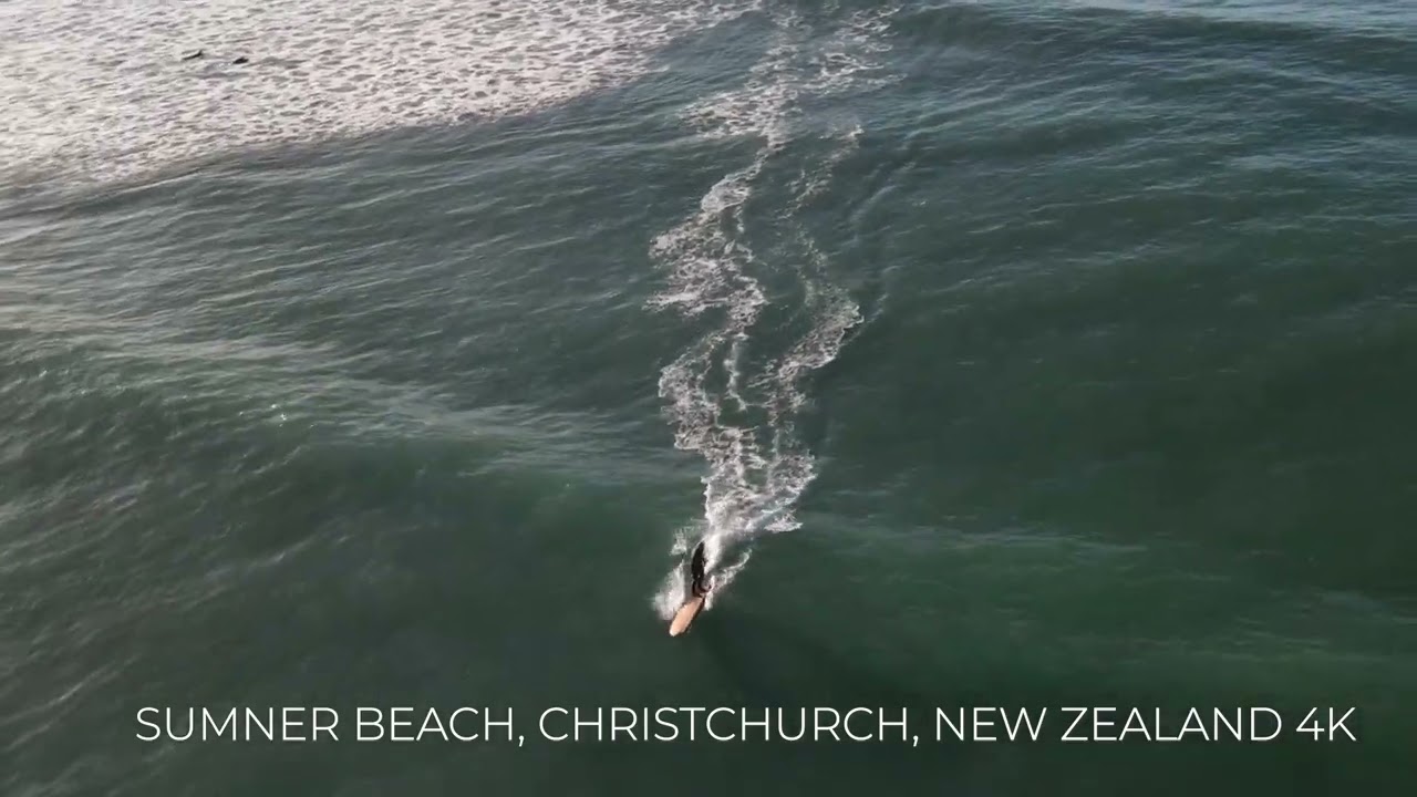 SUMNER BEACH, SURFING, CHRISTCHURCH, NEW ZEALAND 4K BIRDS EYE VIEW