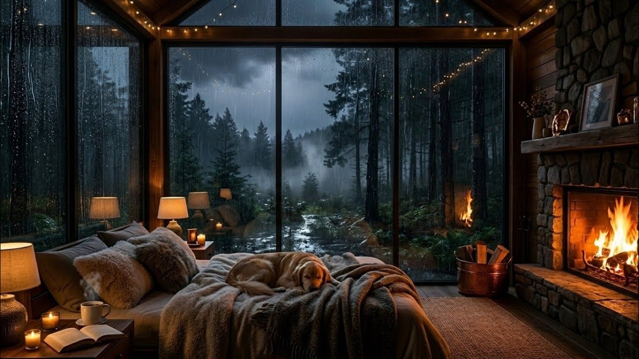 2 Hours of Cozy Rainy Cabin Night 🌧️ Fireplace Sounds & Forest Rain for Deep Sleep, Relaxation