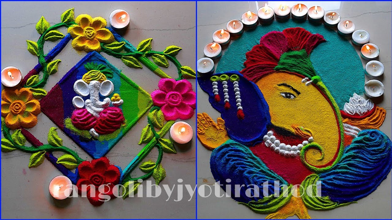 #1594 Ganesh chaturthi Rangoli designs | ganpati bappa rangoli | satisfying video