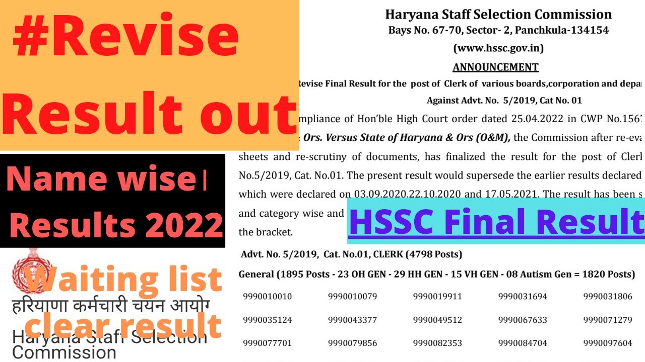 HSSC Clerk Result 2019/Haryana HSSC Clerk Revised Name Wise Result 2022 & Score Card waiting list