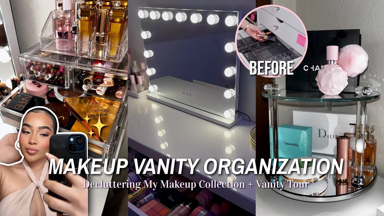 MAKEUP VANITY ORGANIZATION + DECLUTTER ♡ Full Vanity Tour & Cleaning My Makeup Collection 2025!