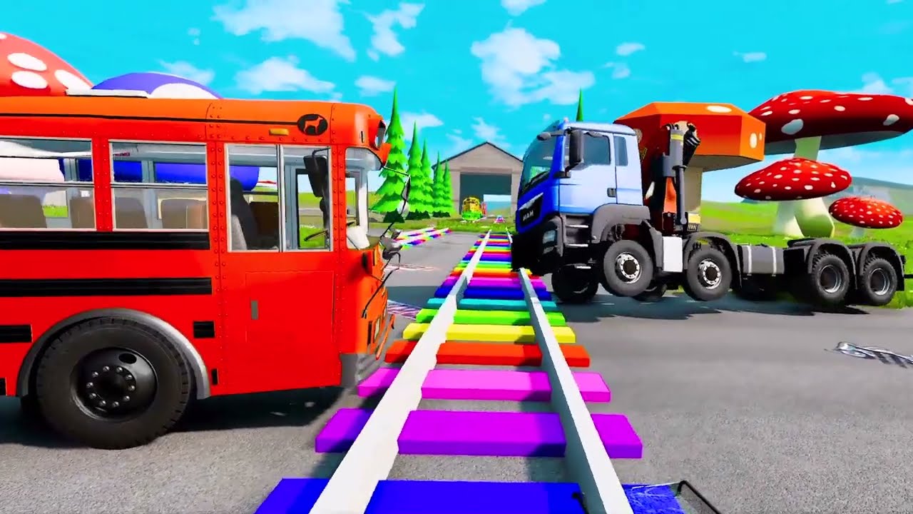 Crane Truck Rescue School Bus stuck on the Color Rails - BeamNG Drive