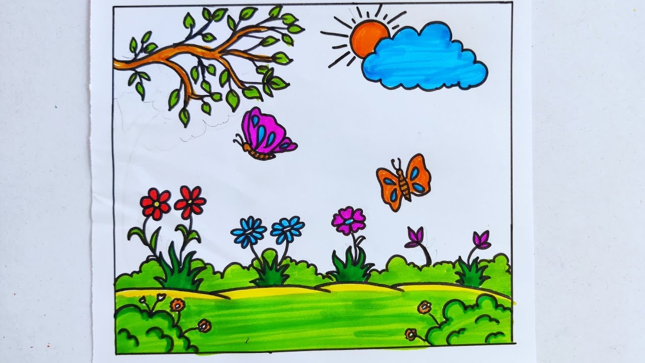 Spring Season Drawing Easy | Spring Season Drawing | How to Draw Spring Season /easy garden drawing