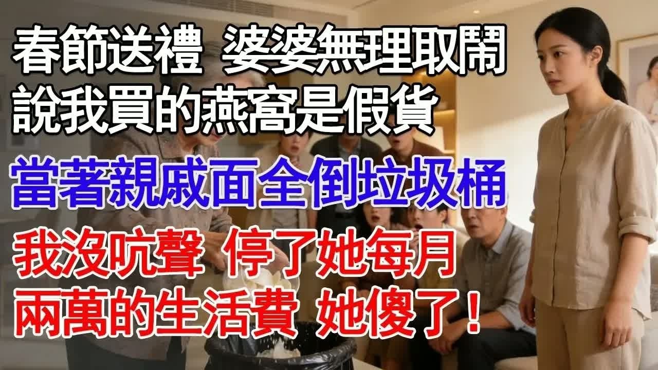春節送禮 婆婆無理取鬧說我買的燕窩是假貨當著親戚面全倒垃圾桶我沒吭聲 停了她每月兩萬的生活費 她傻了！#故事分享 #人生感悟 #情感#為人處世 ＂
