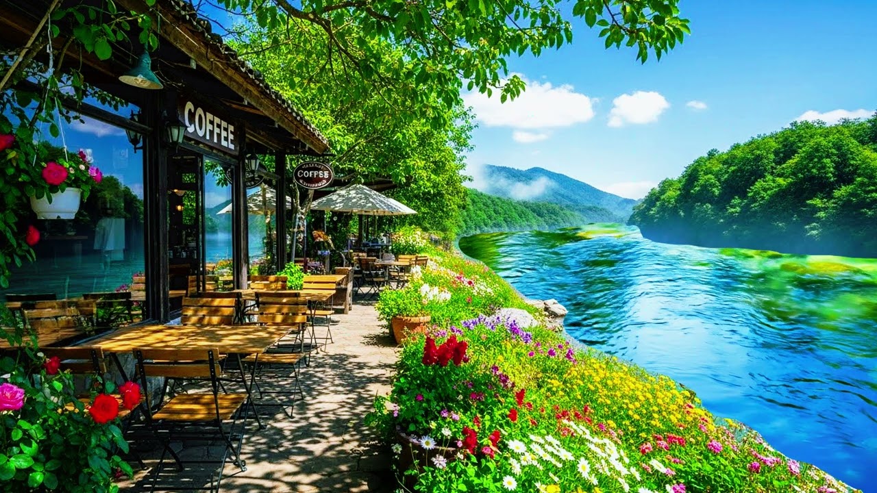 Riverside Coffee Serenity  | Flowers, Nature & Flowing Water | Relaxing Music for Calm & Focus