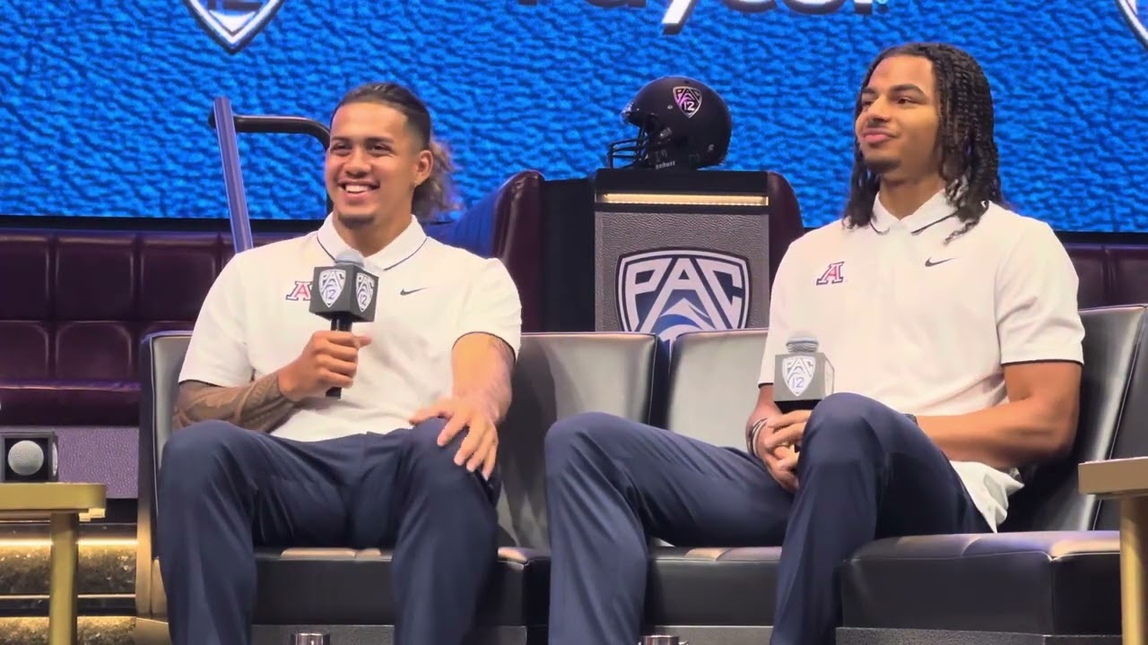 Arizona QB Jayden de Laura and CB Treydan Stukes on the main stage at Pac-12 Media Day