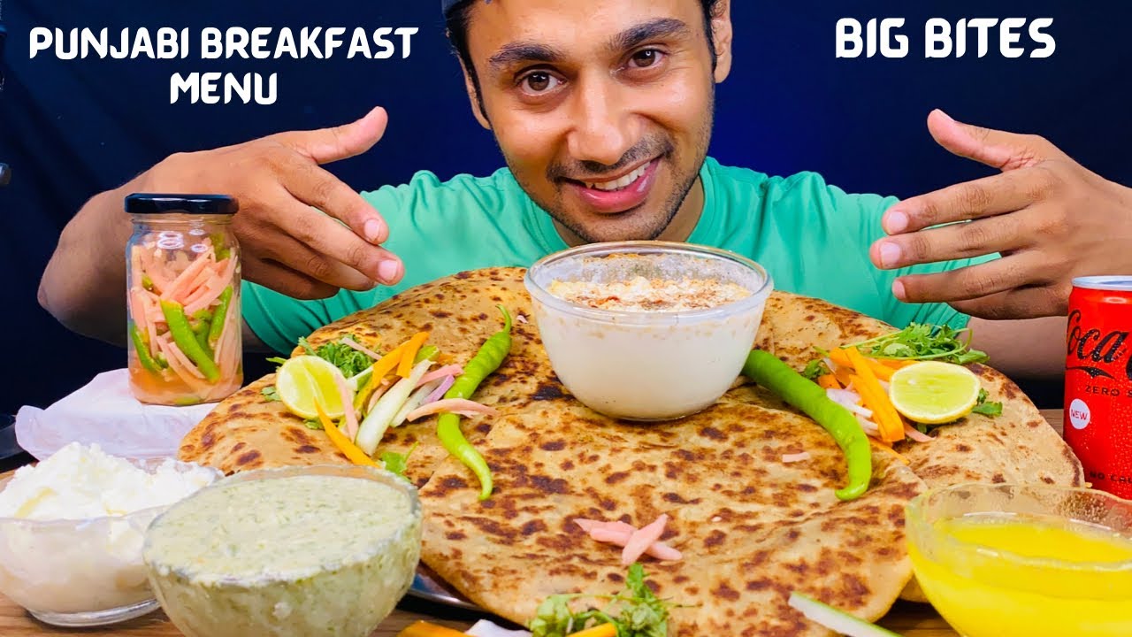 Eating 3 Types Paratha Paneer,Aloo, Muli With Desi Ghee, Raita, Makhan, Chutney, Pickle | Mukbang |