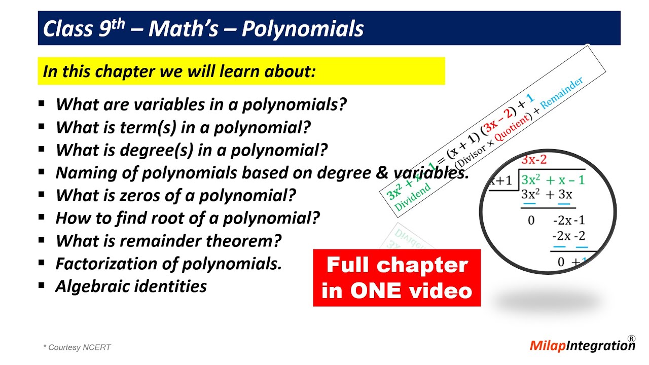Polynomials | Chapter 2 | Class 9 | Maths | CBSE NCERT | Milap Integrations