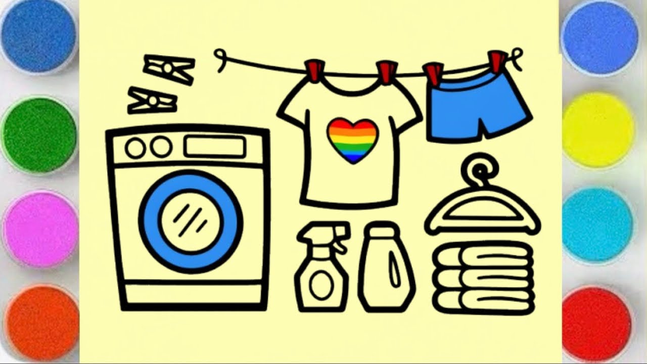 Laundry Drawing, Coloring | How to draw a washing machine and clothes 😊