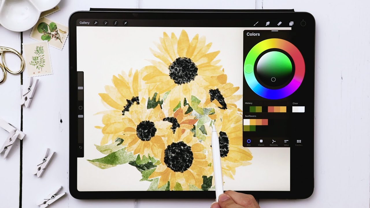 Рисуем простые акварельные подсолнухи в Procreate