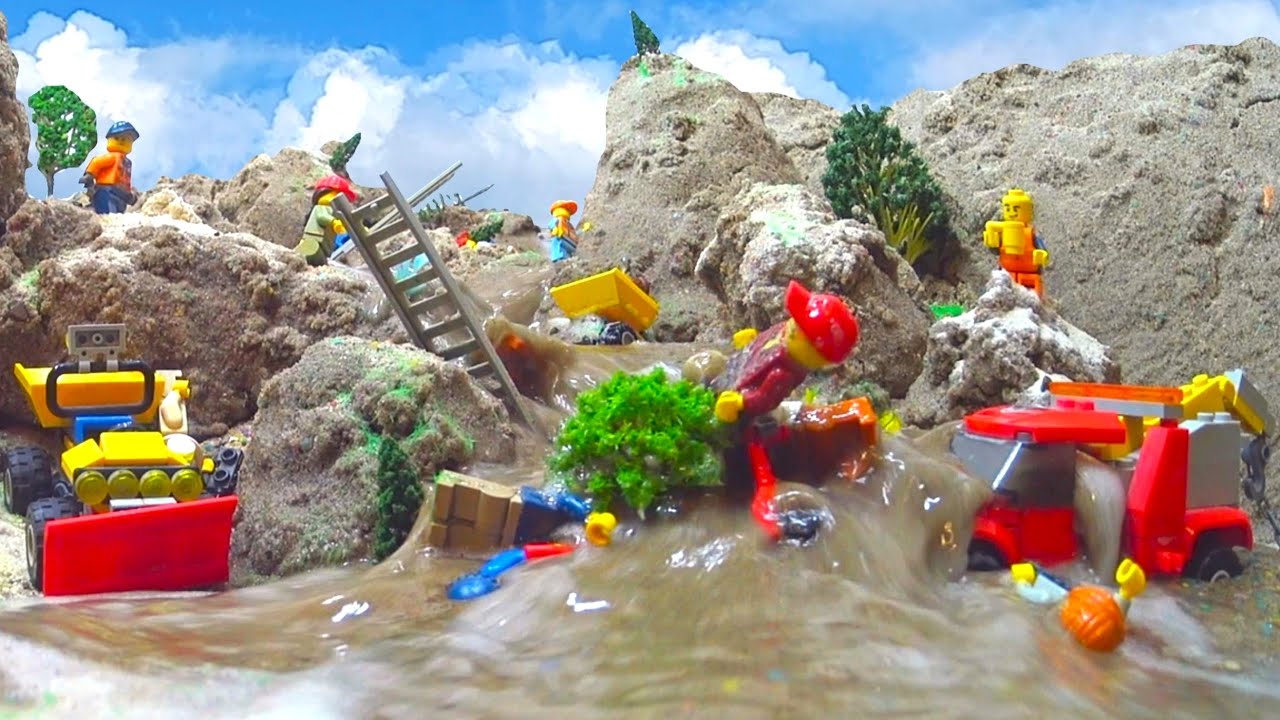 LEGO Mine Flood Disaster - LEGO Dam Breach - LEGO City Sets VS Natural Disaster Experiment
