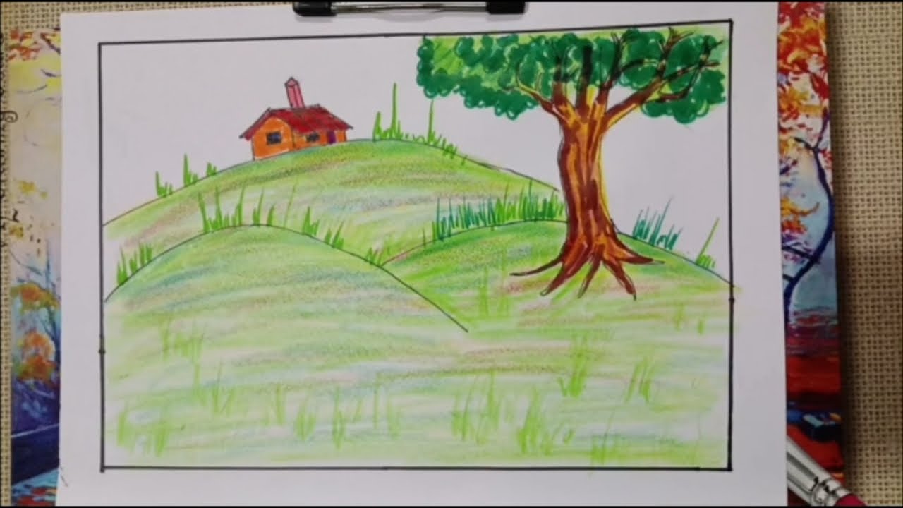 Beautiful Village Landscape Drawing Step by Step 🎨🌿Hill side 