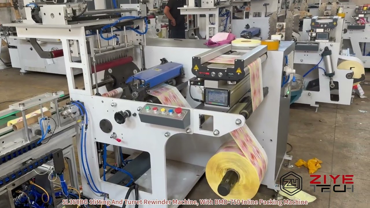 Auto Label Rolls Production Line: SL350BG Turret Rewinder + BMD-750 Auto Shrink Packing Machine