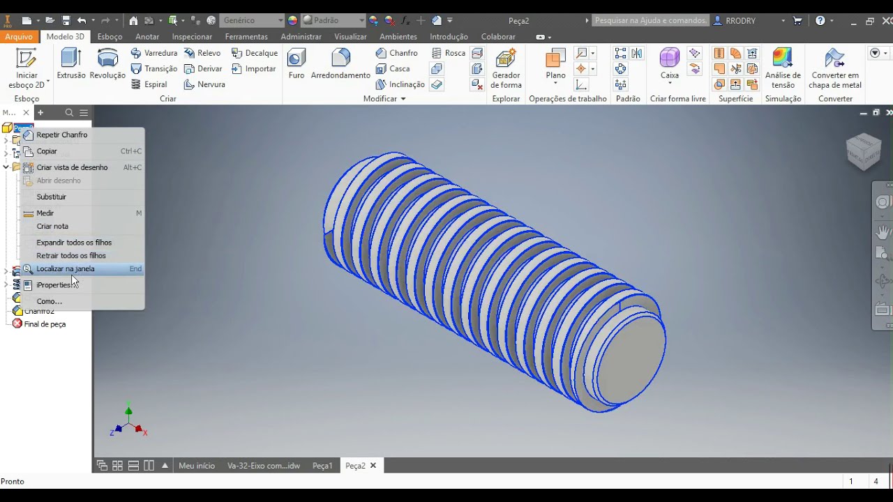 Aula 32–Exercício -22 _ Comando Espiral ou Coil para modelar Rosca Quadrada no Inventor.