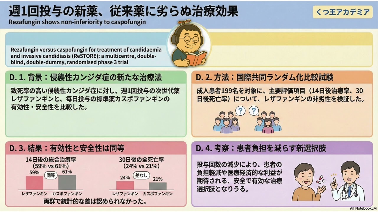 【医療者向け・音声のみ】カンジダ血症・侵襲性カンジダ症への週1回投与レザファンギン、カスポファンギンに対し非劣性：第3相試験ReSTORE　The Lancet