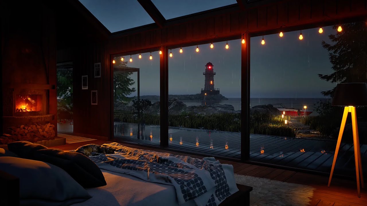 Rainy Lighthouse Night 🌧️ | Cozy Indoor Ambience with Soft Rain on Windows for Sleep & Relaxing