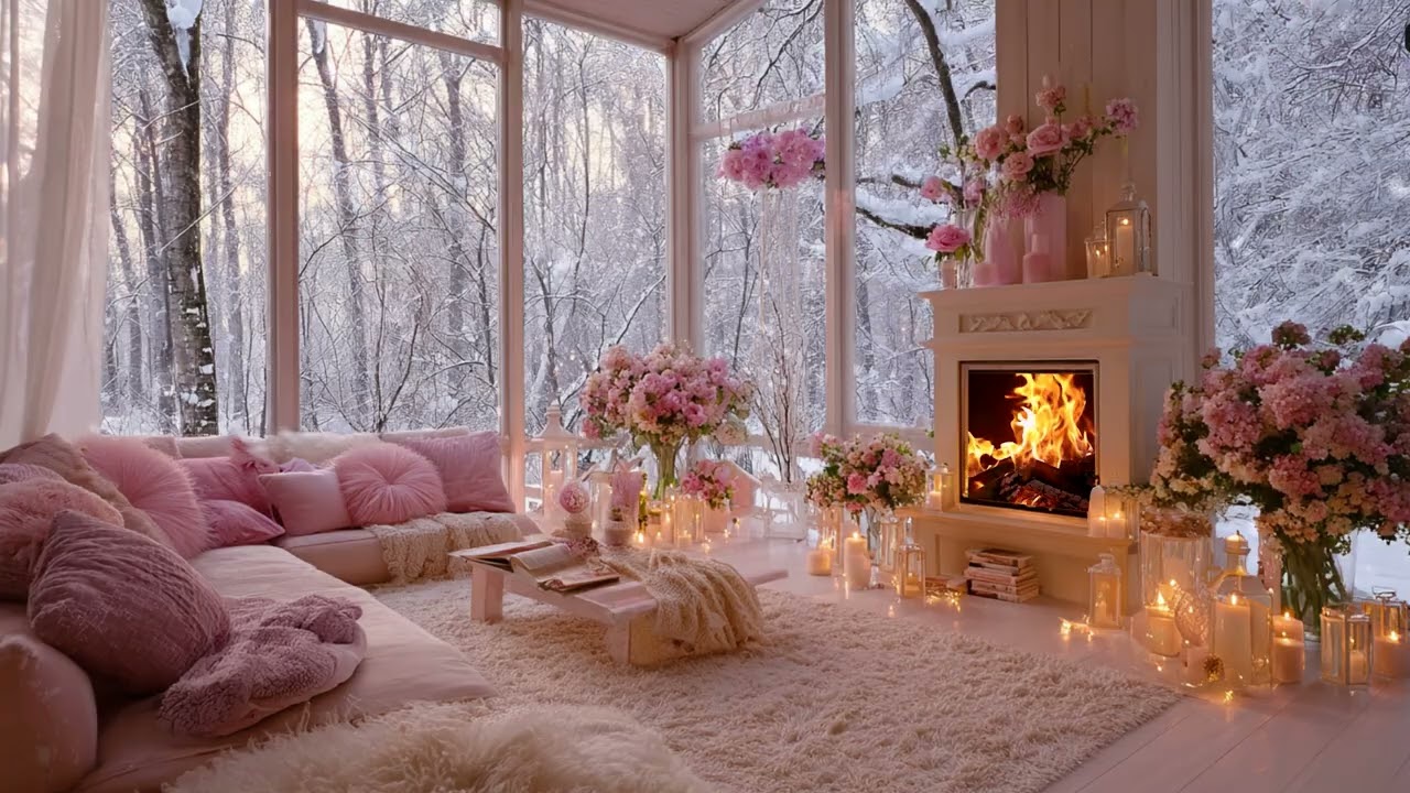 Still Winter Wind and Snow Outside the Wooden Cabin | Fireplace Crackling Sounds for Peaceful Nights