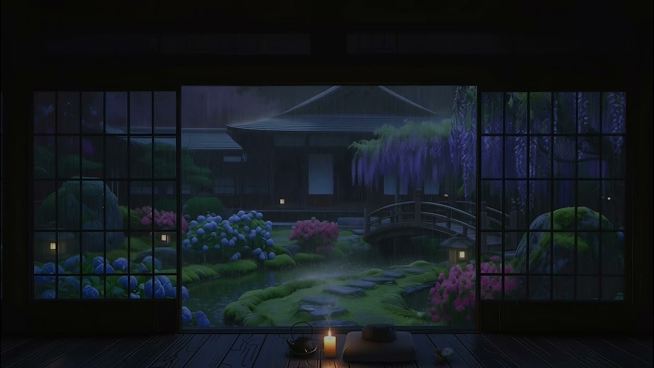 Relaxing Rain Sounds Through Zen Garden w View From Tokyo city | For Sleep, Study, Relaxing