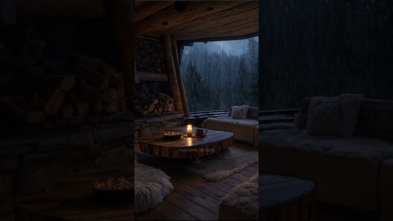Relaxing Rain and Fire Sounds in a Wooden Mountain. 