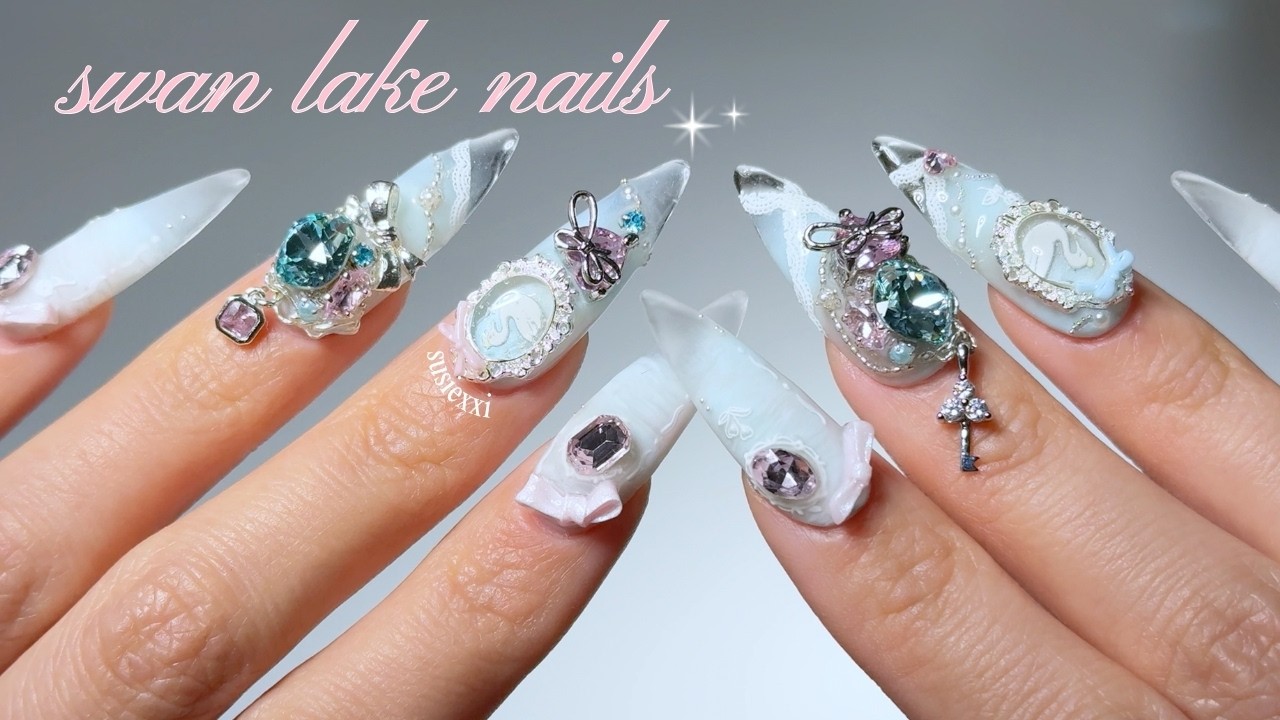 the dreamiest swan lake nails 🦢✨🩵 mint blue gem nail set (full process)