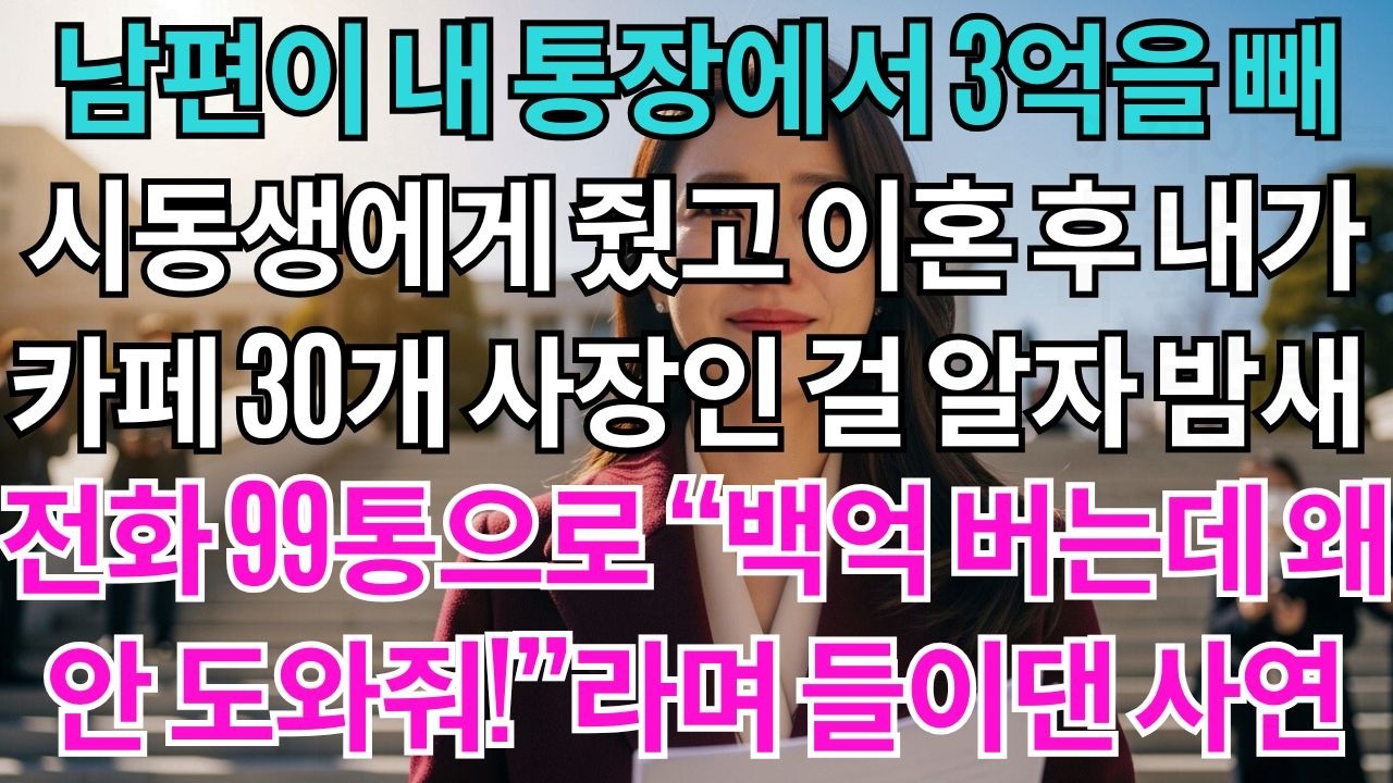 남편은 내 통장에서 3억을 빼 시동생에게 줬다.이혼 후 내가 카페 30개 사장인 걸 알았다.밤새 걸려오는 시댁 전화 99통