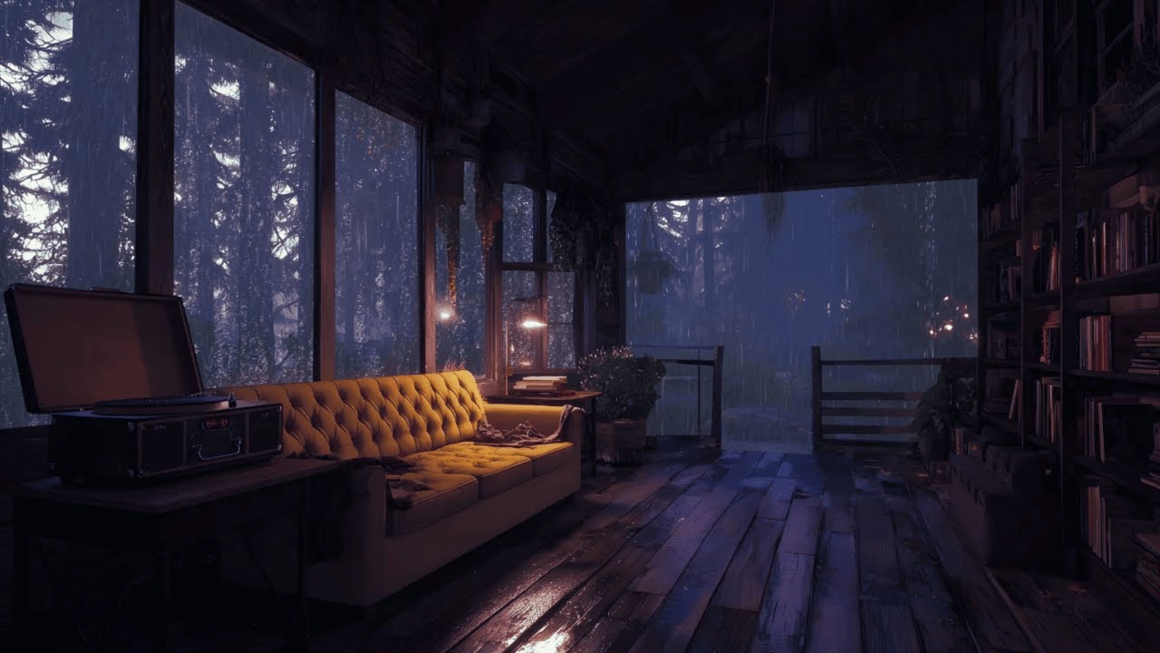 Heavy Rain & Relaxing Piano in Warm Bedroom – Sleep Music & Night Ambience