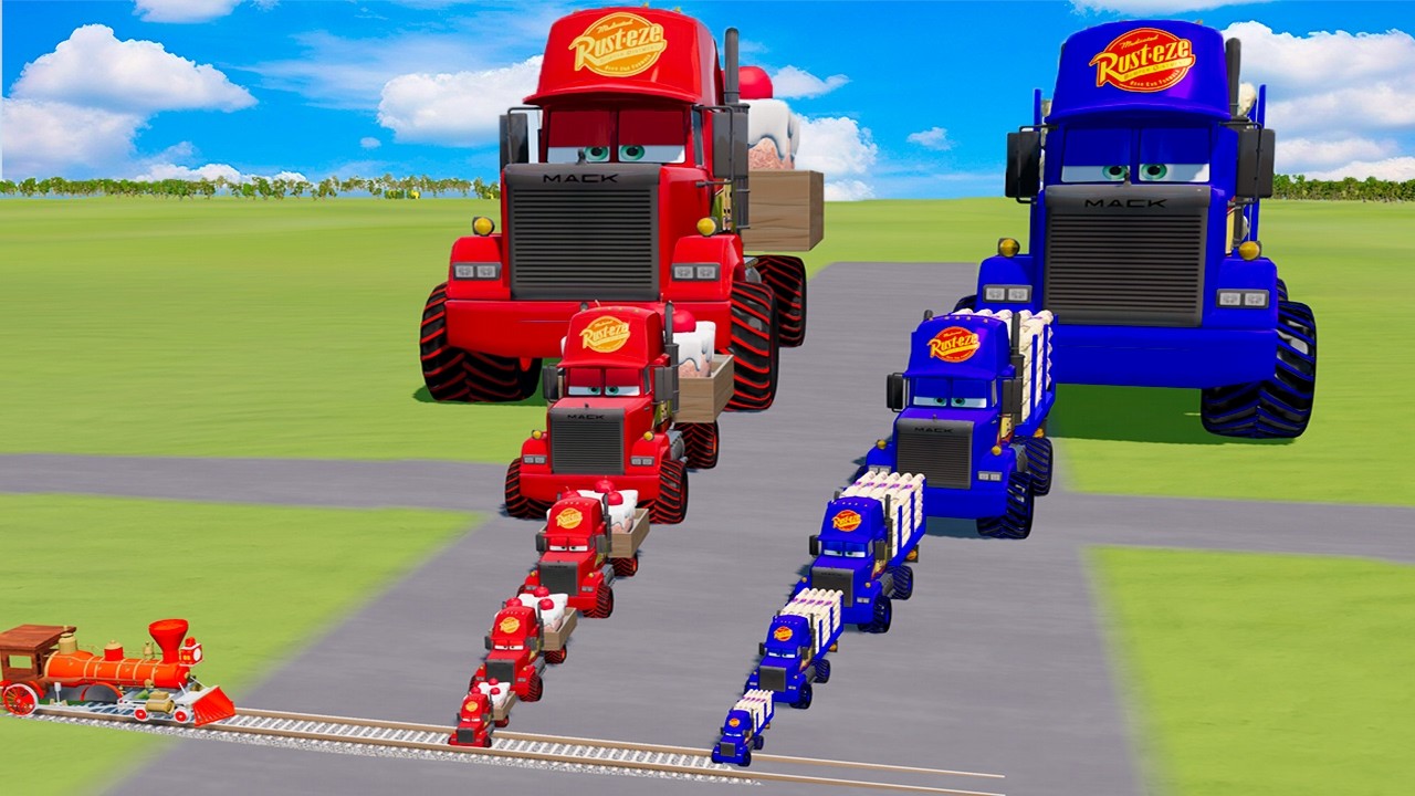 Big & Small Colors Mack Truck Lightning McQueen VS Train | BeamNG.drive