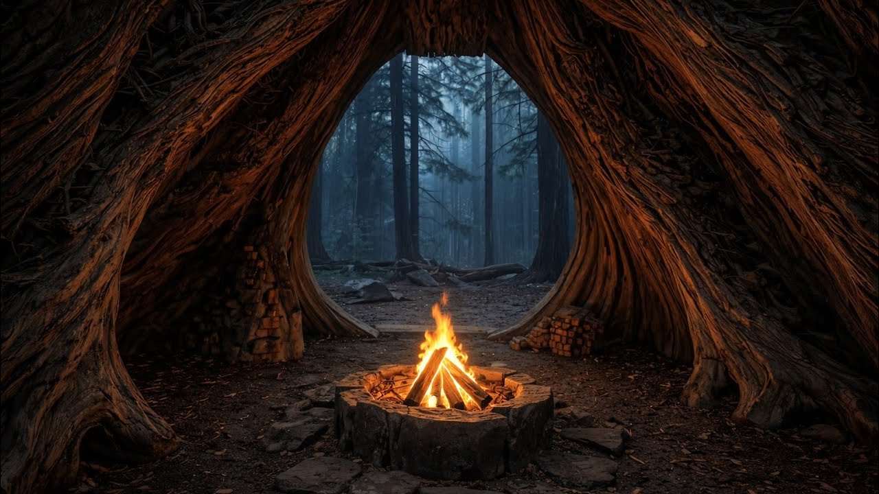 Sleep in a Cozy Tree Shelter | Heavy Rain & Campfire ASMR (1 Hour)